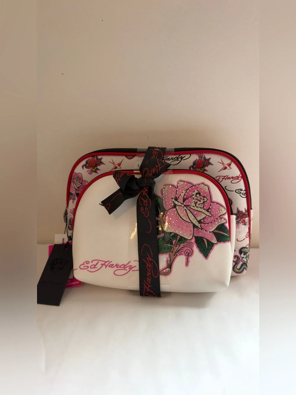 Ed Hardy White & Pink Floral Rhinestone Cosmetic Pouch Set